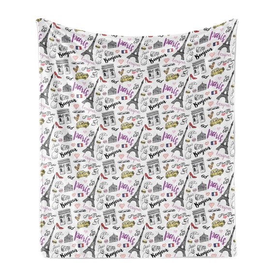 Paris Soft Flannel Fleece Throw Blanket, Elements City of Paris Love Cheese Pie Cat and Other Things Famous Tourist Capital, Cozy Plush for Indoor and Outdoor Use, 50" x 70", Multicolor, by Ambesonne