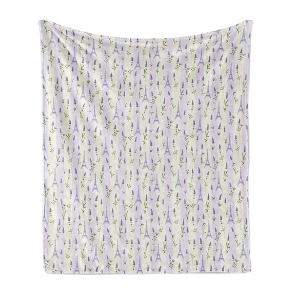 Paris Soft Flannel Fleece Throw Blanket, Floral Arrangement with Lavender Flowers on Soft Stripes City, Cozy Plush for Indoor and Outdoor Use, 60" x 80", Pale Green Lavender, by Ambesonne
