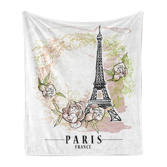 Paris Soft Flannel Fleece Throw Blanket, Floral Design of the Famous Eiffel Tower, Cozy Plush for Indoor and Outdoor Use, 50" x 60", White Multicolor, by Ambesonne