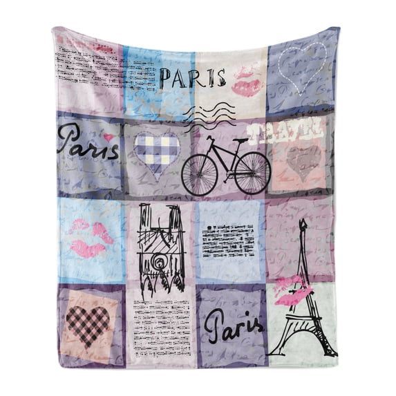 Paris Soft Flannel Fleece Throw Blanket, Grunge Textured Retro Collage of France Famous Object Eiffel Tower Europe Theme, Cozy Plush for Indoor and Outdoor Use, 60" x 80", Multicolor, by Ambesonne