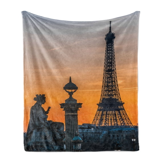 Paris Soft Flannel Fleece Throw Blanket, Historic France European Photo on Ombre Sunset Sky Sculpture and Eiffel Tower, Cozy Plush for Indoor and Outdoor Use, 70" x 90", Orange and Blue, by Ambesonne