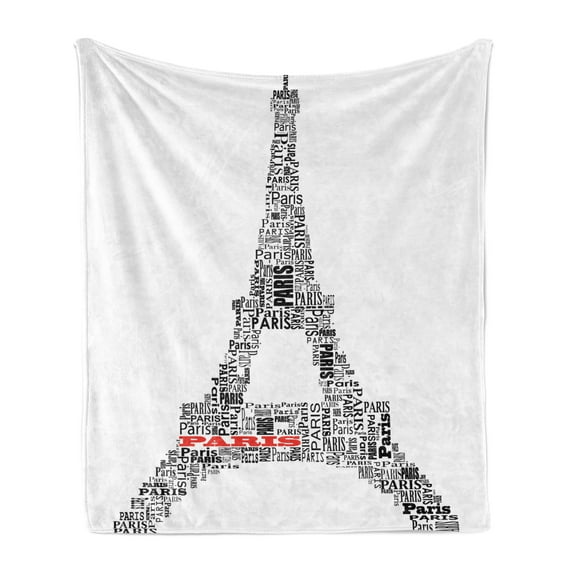 Paris Soft Flannel Fleece Throw Blanket, Illustration of Tour Eiffel Words Historical Cultural French Building Monochrome, Cozy Plush for Indoor and Outdoor Use, 60" x 80", Black White, by Ambesonne