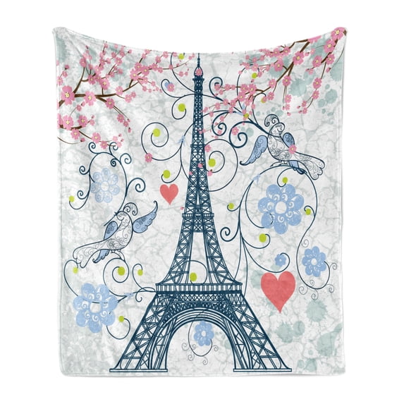 Paris Soft Flannel Fleece Throw Blanket, Outline Eiffel Tower Swirling Flowers and Hearts Romantic Pastel Toned Design, Cozy Plush for Indoor and Outdoor Use, 70" x 90", Blue and Coral, by Ambesonne