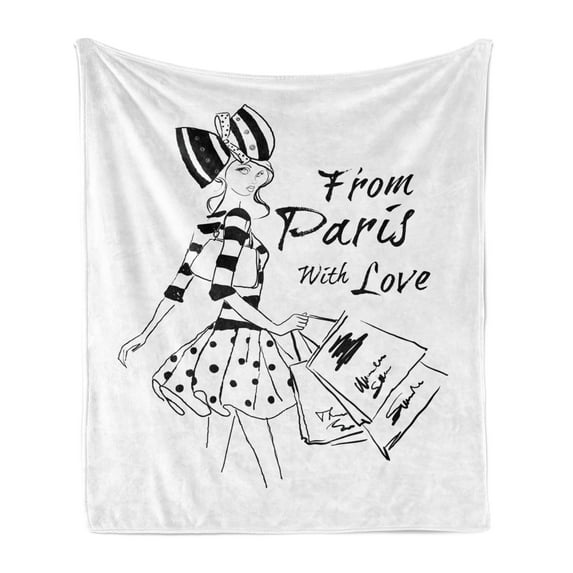 Paris Soft Flannel Fleece Throw Blanket, Paris with Love Fashion Hand Drawn Girl Shopping Polka Dot Design Skirt, Cozy Plush for Indoor and Outdoor Use, 60" x 80", Black White, by Ambesonne