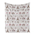 thumbnail image 1 of Paris Soft Flannel Fleece Throw Blanket, Pattern with Bikes Mannequin Eiffel Tower Hearts Doodle Style Design, Cozy Plush for Indoor and Outdoor Use, 50" x 70", Baby Blue Brown and Pink, by Ambesonne, 1 of 5