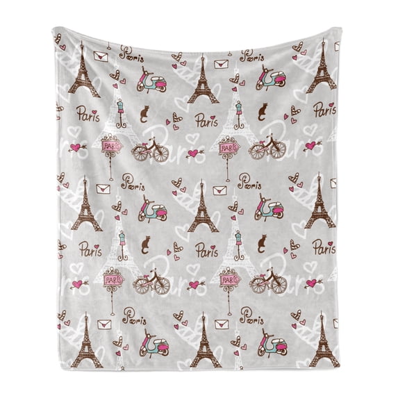 Paris Soft Flannel Fleece Throw Blanket, Pattern with Bikes Mannequin Eiffel Tower Hearts Doodle Style Design, Cozy Plush for Indoor and Outdoor Use, 50" x 70", Baby Blue Brown and Pink, by Ambesonne