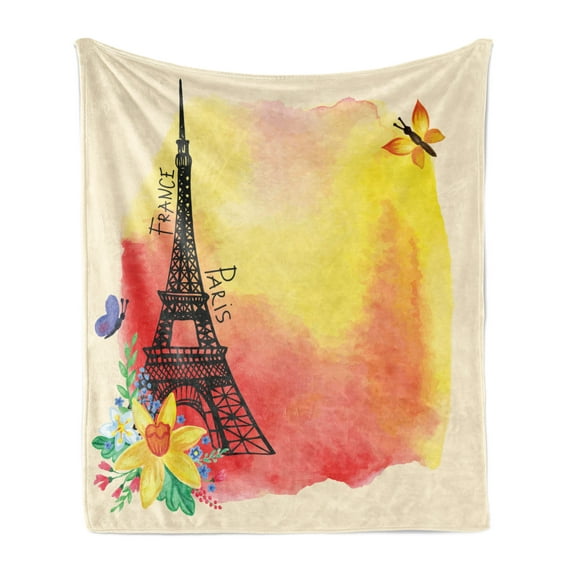 Paris Soft Flannel Fleece Throw Blanket, Romantic Floral Watercolor Image Eiffel Butterfly Historical French Heritage Art, Cozy Plush for Indoor and Outdoor Use, 70" x 90", Multicolor, by Ambesonne