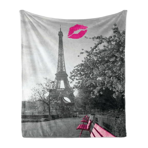 Paris Soft Flannel Fleece Throw Blanket, Romantic Monochrome Photo of Eiffel Tower Pink Benches and a Kiss Mark, Cozy Plush for Indoor and Outdoor Use, 60" x 80", Black White Hot Pink, by Ambesonne
