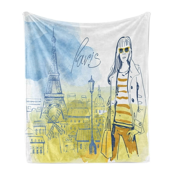 Paris Soft Flannel Fleece Throw Blanket, Paris Theme Eiffel Tower and Hand Drawn Vintage Picture of Girl Print, Cozy Plush for Indoor and Outdoor Use, 50" x 70", Yellow Slate Blue, by Ambesonne