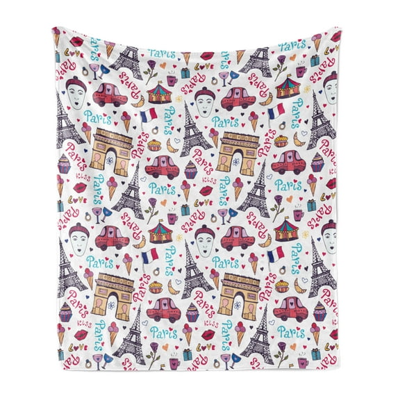 Paris Soft Flannel Fleece Throw Blanket, Triumphal Arch Famous Tower and Many Other of the City of Love Kiss Rose, Cozy Plush for Indoor and Outdoor Use, 60" x 80", Multicolor, by Ambesonne