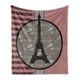 thumbnail image 1 of Paris Soft Flannel Fleece Throw Blanket, Vintage Style Design Eiffel Tower Silhouette on Stripes and Plain Background, Cozy Plush for Indoor and Outdoor Use, 50" x 70", Rose and Sepia, by Ambesonne, 1 of 5