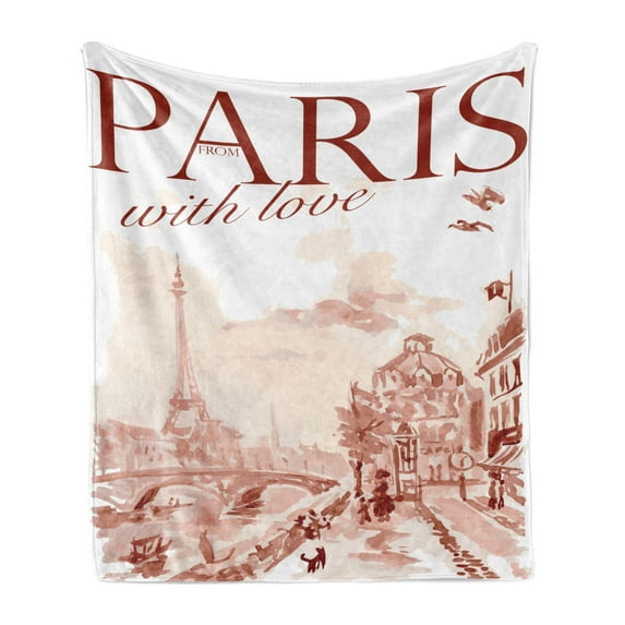 Paris Soft Flannel Fleece Throw Blanket, Vintage Watercolor Style Paris Illustration with Tour D'Eiffel Old Streets Image, Cozy Plush for Indoor and Outdoor Use, 50" x 70", Pink, by Ambesonne