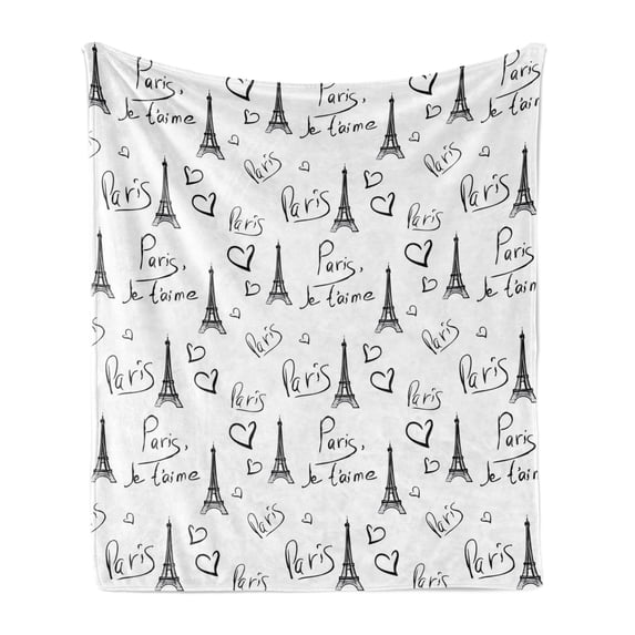 Paris Soft Flannel Fleece Throw Blanket, World Capital City of Love French European Hand Drawn Sketch Eiffel Illustration, Cozy Plush for Indoor and Outdoor Use, 50" x 60", Black White, by Ambesonne