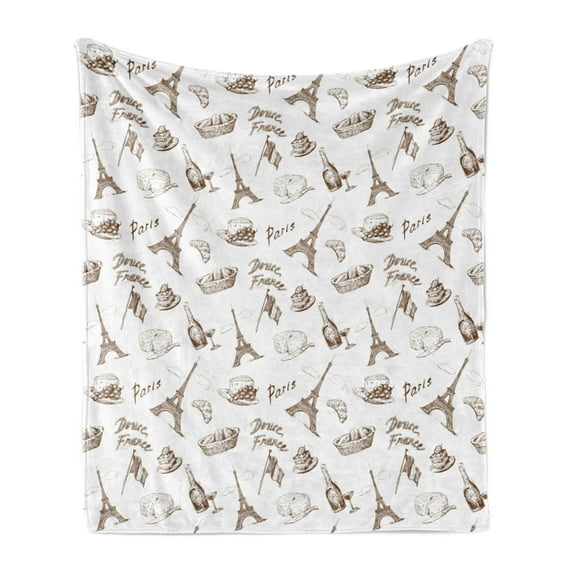 Paris Soft Flannel Fleece Throw Blanket, World Famous Town France Tourist Wine Coffee Cheese Bakery Hand Drawn Print, Cozy Plush for Indoor and Outdoor Use, 50" x 60", Brown White, by Ambesonne