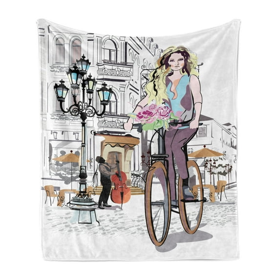 Paris Soft Flannel Fleece Throw Blanket, Young Girl Bike and Roses in a Street Old Town Musician Romantic Tour City, Cozy Plush for Indoor and Outdoor Use, 50" x 60", Multicolor, by Ambesonne