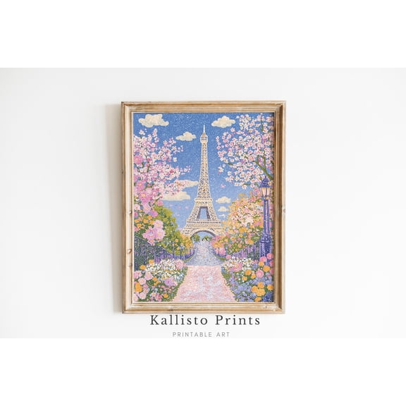Paris Spring Eiffel Tower Print Poster, Floral Cherry Blossom Wall Art, Romantic France , Pastel Garden Cityscape Poster 1236, Size 8x12 UNFFRAMED F03.1.6l2793