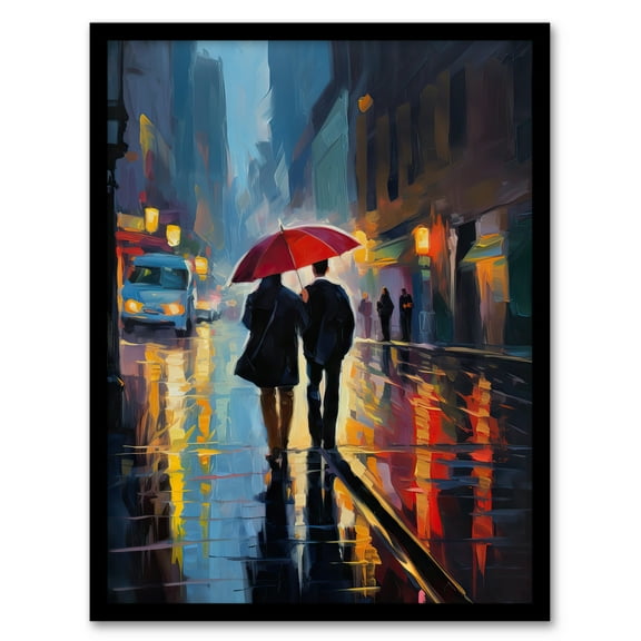 Paris In The Springtime Colourful Oil Painting Couple With A Red Umbrella Talking A Romantic Walk On A Rainy Night Bedroom Art Art Print Framed Poster Wall Decor 12x16 inch