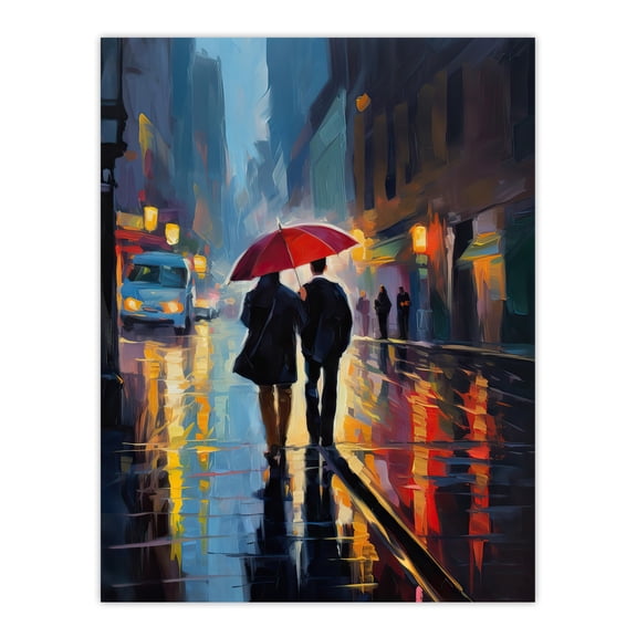 Paris In The Springtime Colourful Oil Painting Couple With A Red Umbrella Talking A Romantic Walk On A Rainy Night Bedroom Art Large Wall Art Poster Print Thick Paper 18X24 Inch