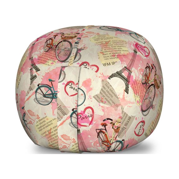 Paris Storage Toy Bag Chair, Landmark of France with Abstract Letterings Bike Hearts Art Print, Stuffed Animal Organizer Washable Bag, Large Size, Blue Pink, by Ambesonne