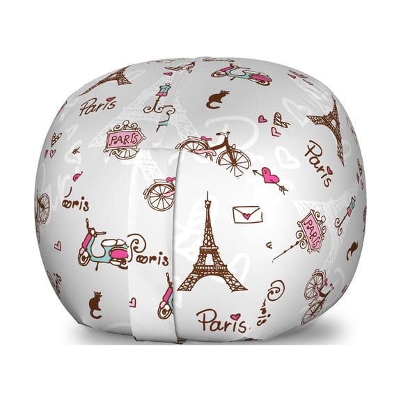 Paris Storage Toy Bag Chair, Romance Language Capital of Love Eiffel Heart Fashion City Girlish Print, Stuffed Animal Organizer Washable Bag, Small Size, Redwood Pearl Pink, by Ambesonne