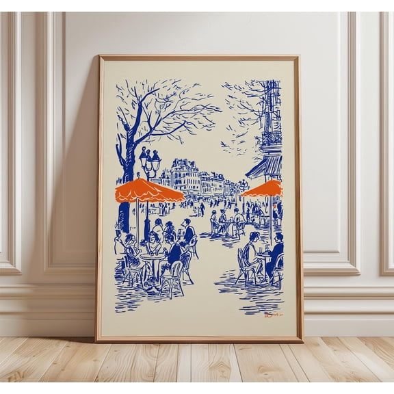 Paris Street Café Poster, French Cityscape Wall Art Print, European Bistro Scene Decor for Living Room or Kitchen Size 24x36 Unframed Poster