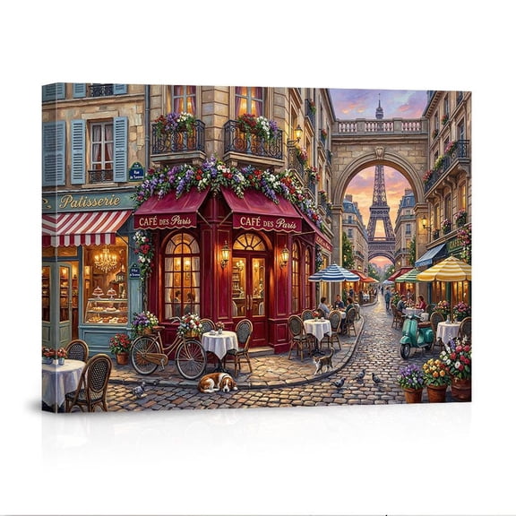 Paris Street Eiffel Tower Cafe Romantic Cityscape Patisserie USA Made Canvas