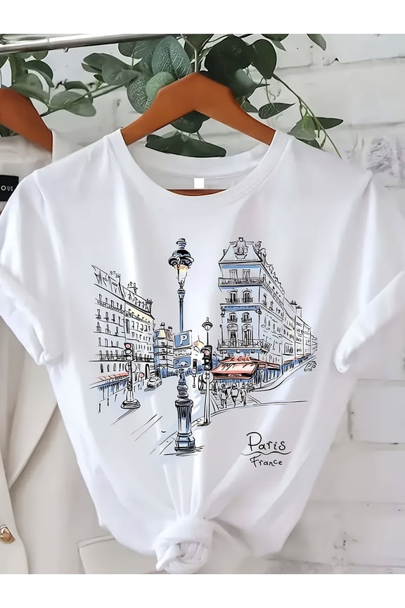 Paris Street Printed T-shirt, Short Sleeve Round Neck Casual Top, Summer and Spring, Women's Clothing
