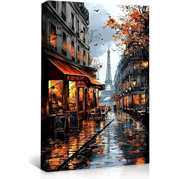 Paris Street Scene Canvas Prints Wall Art,Autumn Cityscape Cafe Poster,Eiffel Tower Artwork Decor,Rain Reflections Printing,Fall Leaves Watercolor Painting for Living Room Bedroom