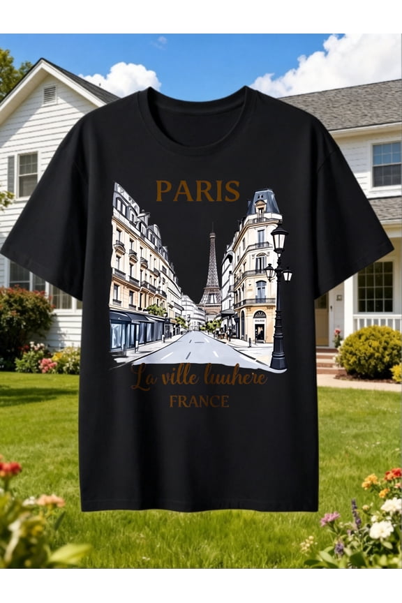 Paris Street Scene Eiffel Tower Classic Buildings Vintage Travel Style Print Casual Short Sleeve Crew Neck T-Shirt, Breathable Comfortable Outdoor Streetwear for City Exploration Spring Summer, Ideal