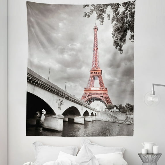 Paris Tapestry, Eiffel Tower Monochrome Historical Town with Bridge City Picturesque Art, Fabric Wall Hanging Decor for Bedroom Living Room Dorm, 5 Sizes, Grey and Burnt Sienna, by Ambesonne