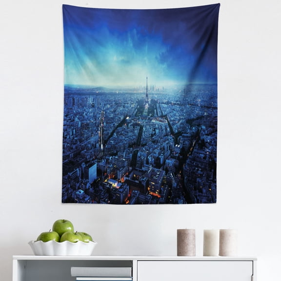 Paris Tapestry, Skyline at Sunset France European Parisian Landmark Travel Destination Monochrome, Fabric Wall Hanging Decor for Bedroom Living Room Dorm, 5 Sizes, Navy Blue, by Ambesonne