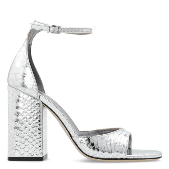 Paris Texas Silver Fiona Embossed Leather Sandals, Brand Size 37 ( US Size 7 )