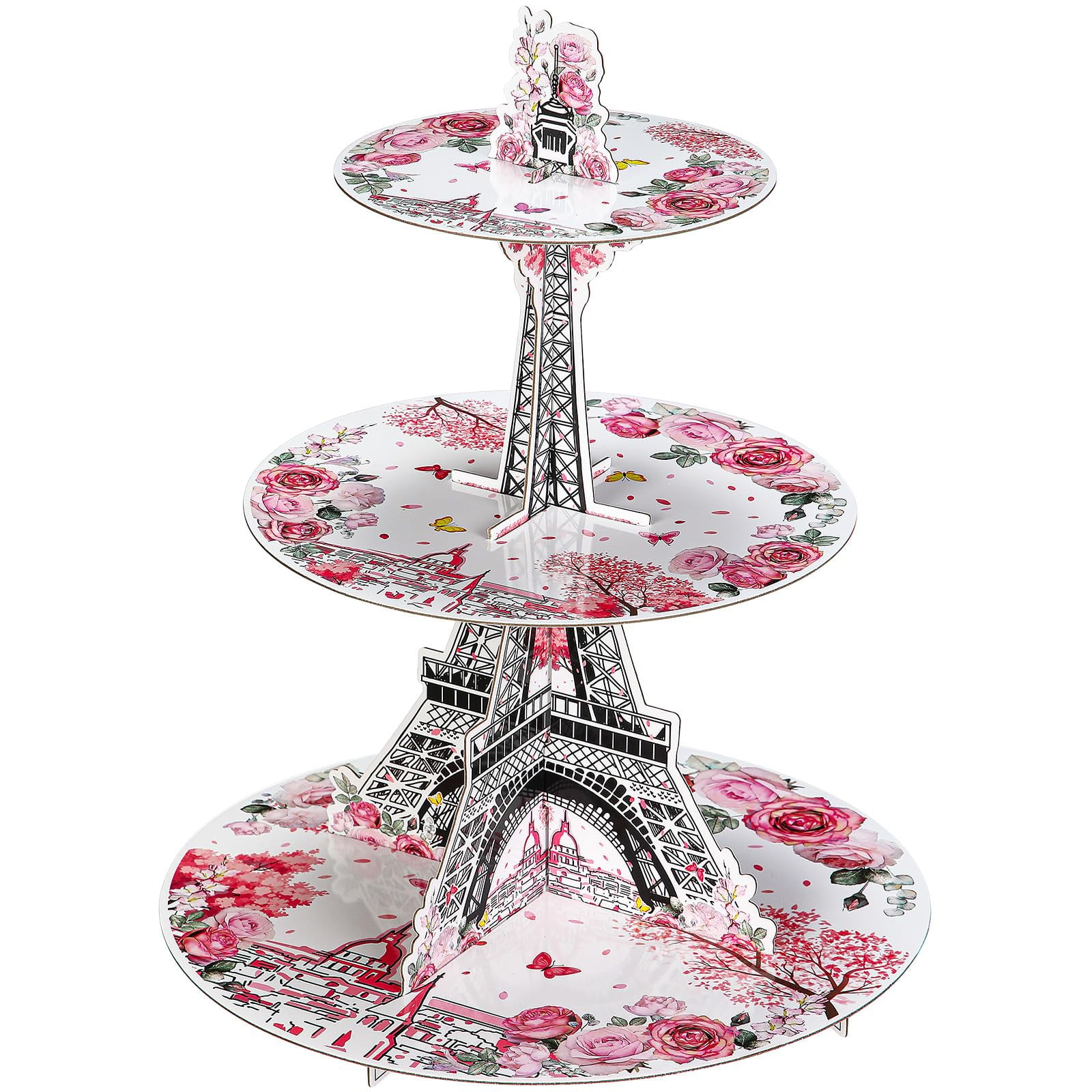 Paris Theme Cupcake Stand, 3 Tier Eiffel Tower Dessert Holder for Birthday Party Decorations, Pink European City Landscape, Tea Party Supplies, Pink