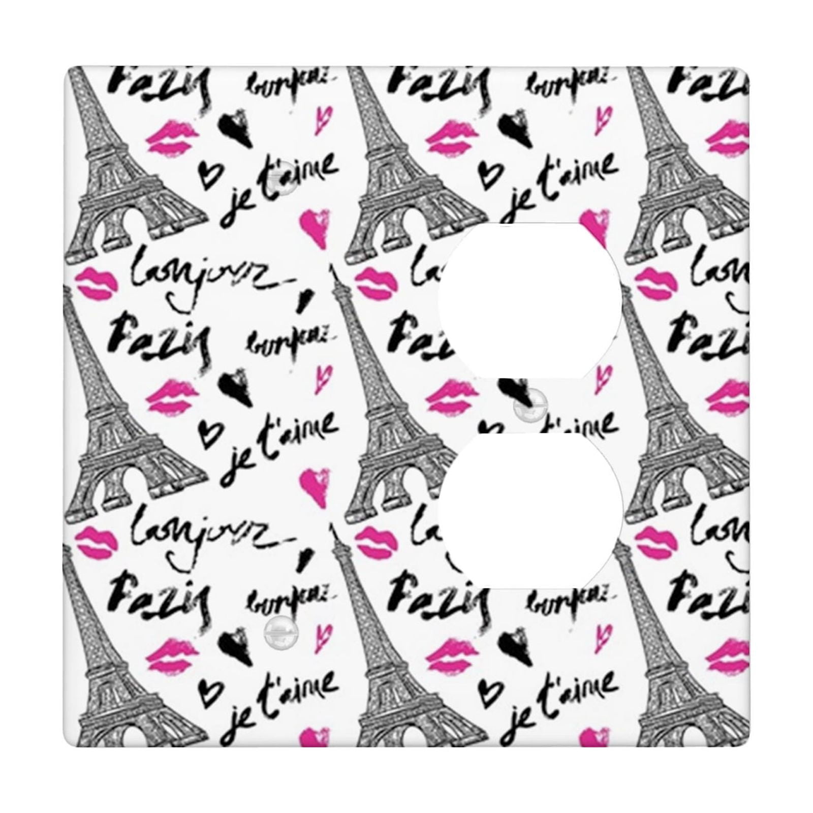 Paris Theme,Duplex Outlet Wall Plate,Eiffel Tower with Lipstick Kiss,Electrical Outlet Covers,Polycarbonate Thermoplastic,Pink Black,Standard Size,Style-R