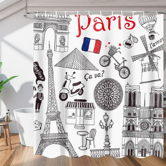 Paris Theme Shower Curtain for Bathroom Shower Curtain Set with 12 Hooks Waterproof Fabric Bath Curtain for Bathtub Restroom Decor, 72 X 72 in