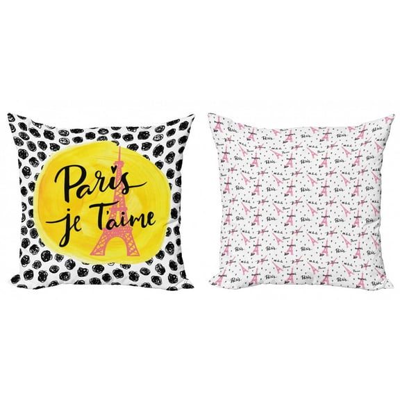 Paris Throw Pillow Cushion Case Pack of 2, Sketchy Dots Eiffel Tower Love Themed Romantic Art French Je T'aime, Modern Accent Double-Sided Digital Printing, Yellow Pink Charcoal Grey, by Ambesonne