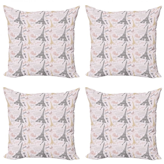 Ambesonne Paris Throw Pillow Cover 4 Pack, Nostalgic Sketch Words, 18", Multicolor