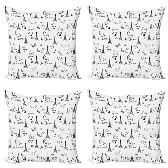 Ambesonne Paris Throw Pillow Cover 4 Pack, Eiffel Je T'aime Doodle, 18", Black White