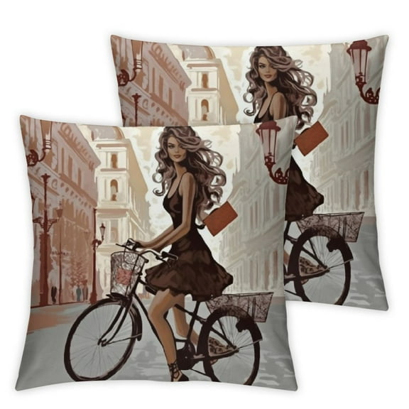 Paris Throw Pillow Cushion Cover, Classic French Scenario of a Lady with Bicycle on Streets Illustration, Decorative Square Accent Pillow Case, Brown and Chestnut Brown