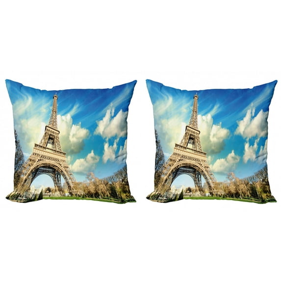Ambesonne Paris Throw Pillow Cover 2 Pack, Eiffel Tower Autumn Trees, 16", Blue and Beige