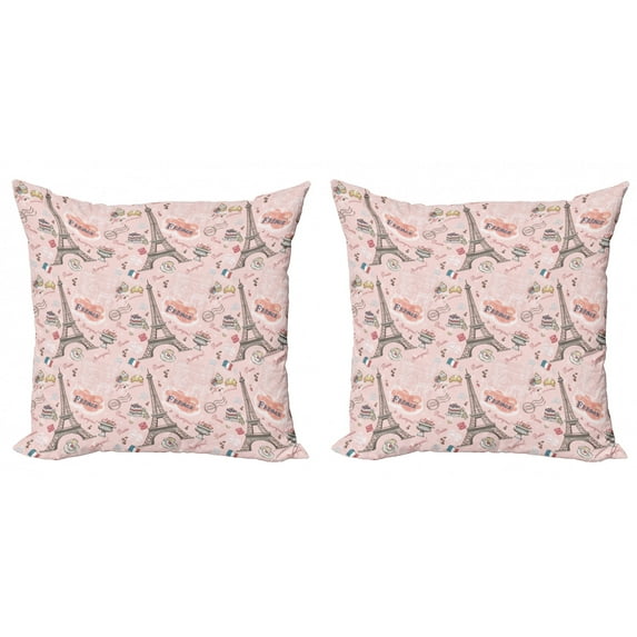 Ambesonne Paris Throw Pillow Cover 2 Pack, Croissant Macaroon Muffin, 16", Multicolor