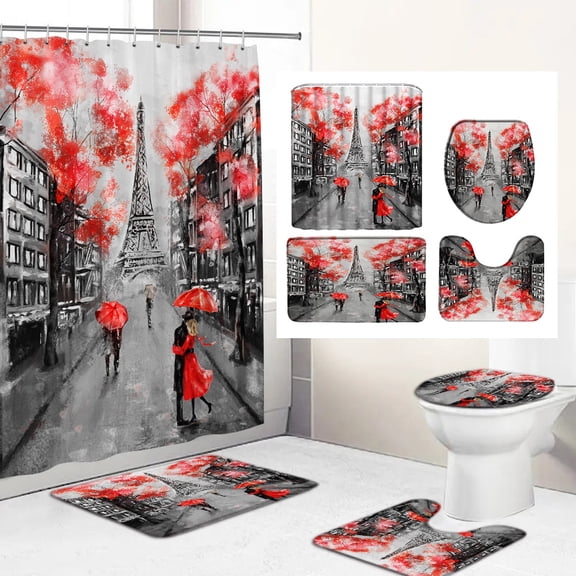 Paris Tower 3D Shower Curtain Paris Landscape Printed Bathroom Curtains Set Non-Slip Rugs Toilet Lid Cover Mat Carpet Home Decor