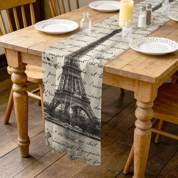 Paris Tower 4.5ft Cheesecloth Table Runner for Wedding 19"x55", Nostalgic Retro Travel Brown Romantic City Vintage Script Kitchen Dinner Sheer Tulle Chiffon Dresser Scarf, Holiday Party Decorations