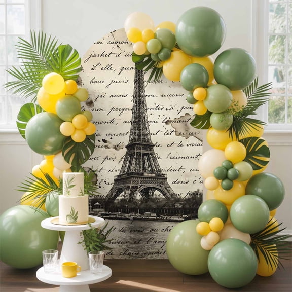 Paris Tower Arch Backdrop Cover, 4FT, Nostalgic Retro Travel Brown Romantic City Vintage Script Spandex Arch Covers Double-Sided Backdrop for Wedding Birthday Party Photo Background Decoration