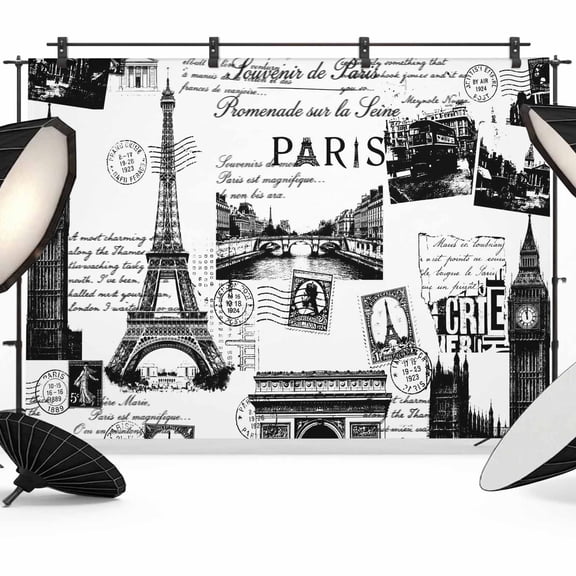 Paris Tower Backdrop for Photography,Fabric Photo Background Backdrop,Vintage Architectural Hand-Painted Aesthetic Photo Booth Background for Portrait Photoshoot Video Wedding Studio Banner 7x5ft