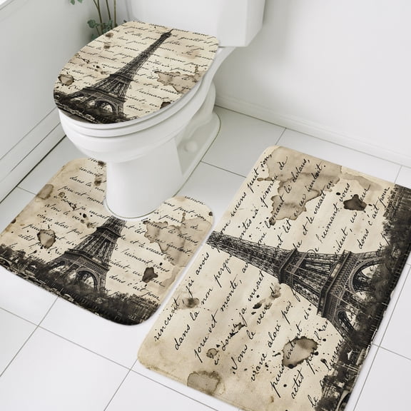 Paris Tower Bathroom Rugs Set Nostalgic Retro Travel Brown Romantic City Vintage Script Non Slip Absorbent Soft Bath Mats 3 Piece Set, Bathroom Rug, U-Shaped Floor Mat, Toilet Seat Cover Large Size