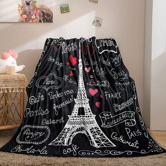 Paris Tower Blanket Lovers Throw Blanket Couple Love Heart Flannel Fleece Blanket for Teens Boys Girls Soft Fuzzy Plush Blanket for Bedroom Couch Sofa (Throw(50"x60"), Black)