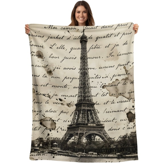 Paris Tower Blanket Soft Cozy Warm Throw Blanket for Couch, Plush Fuzzy Flannel Blankets for Sofa, Vintage Words Beige Grey Bed Blankets Lightweight Gifts for Women, 30"x40"