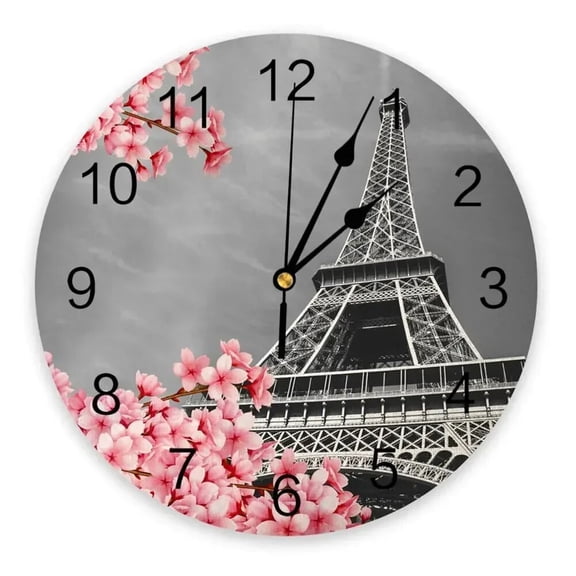 Paris Tower Flowers House Building Wall Clocks Non Ticking for Girl Boy Bedroom Bathroom Kitchen Living Room Office Round Clock(10 Inch)