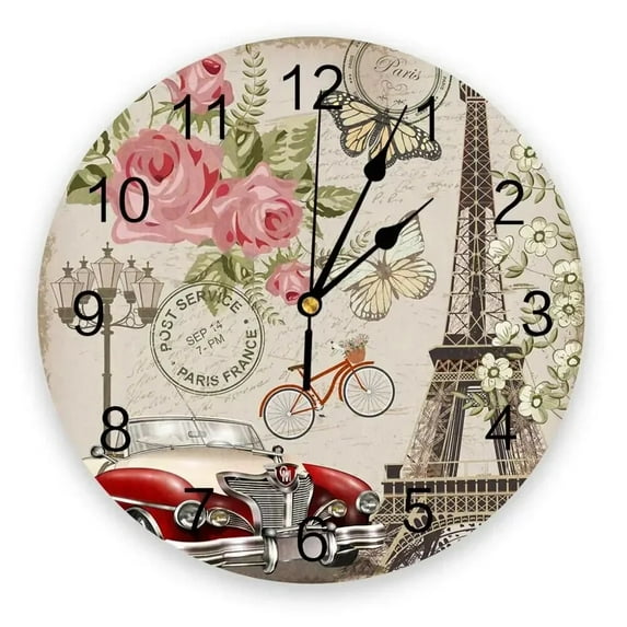 Paris Tower Flowers House Building Wall Clocks Non Ticking for Girl Boy Bedroom Bathroom Kitchen Living Room Office Round Clock(12 Inch)